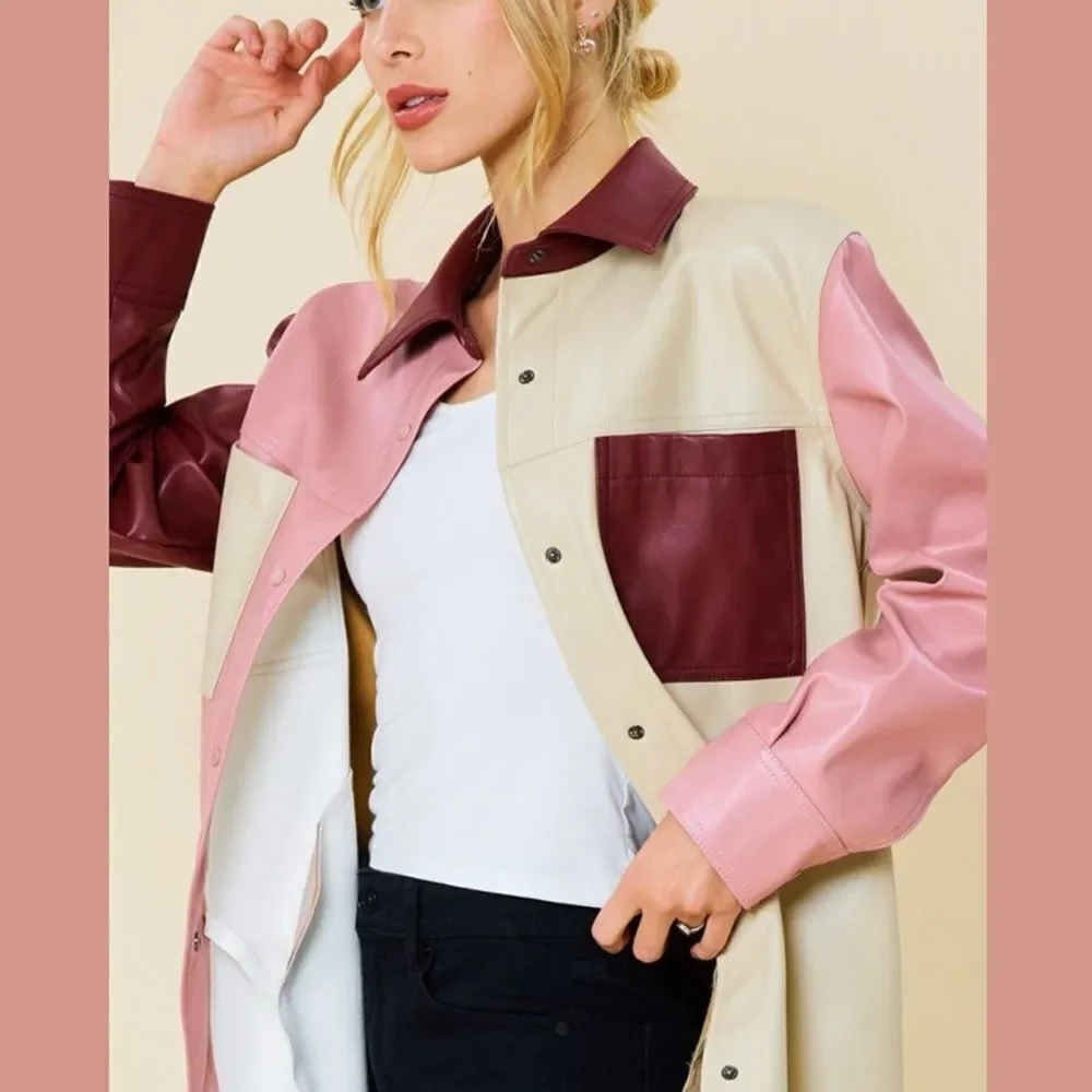 Color Block Faux Leather Shacket - Picture 2 of 5